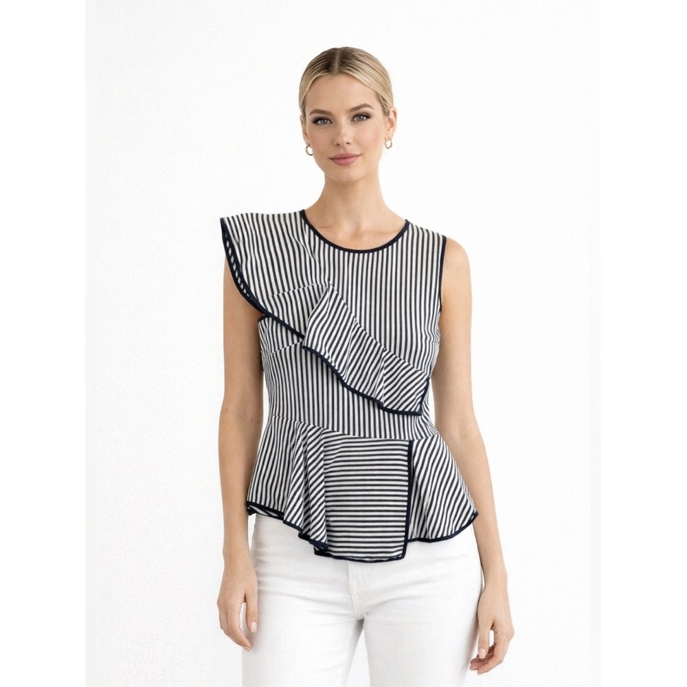 Parker Top Womens XS Navy White Striped Poplin Ruffle Peplum Carly Nautical Boho